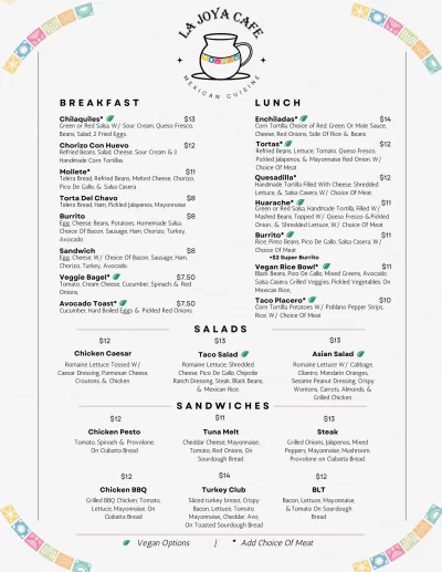 Image of a restaurant menu featuring various breakfast, lunch, and dinner options, including appetizers, entrees